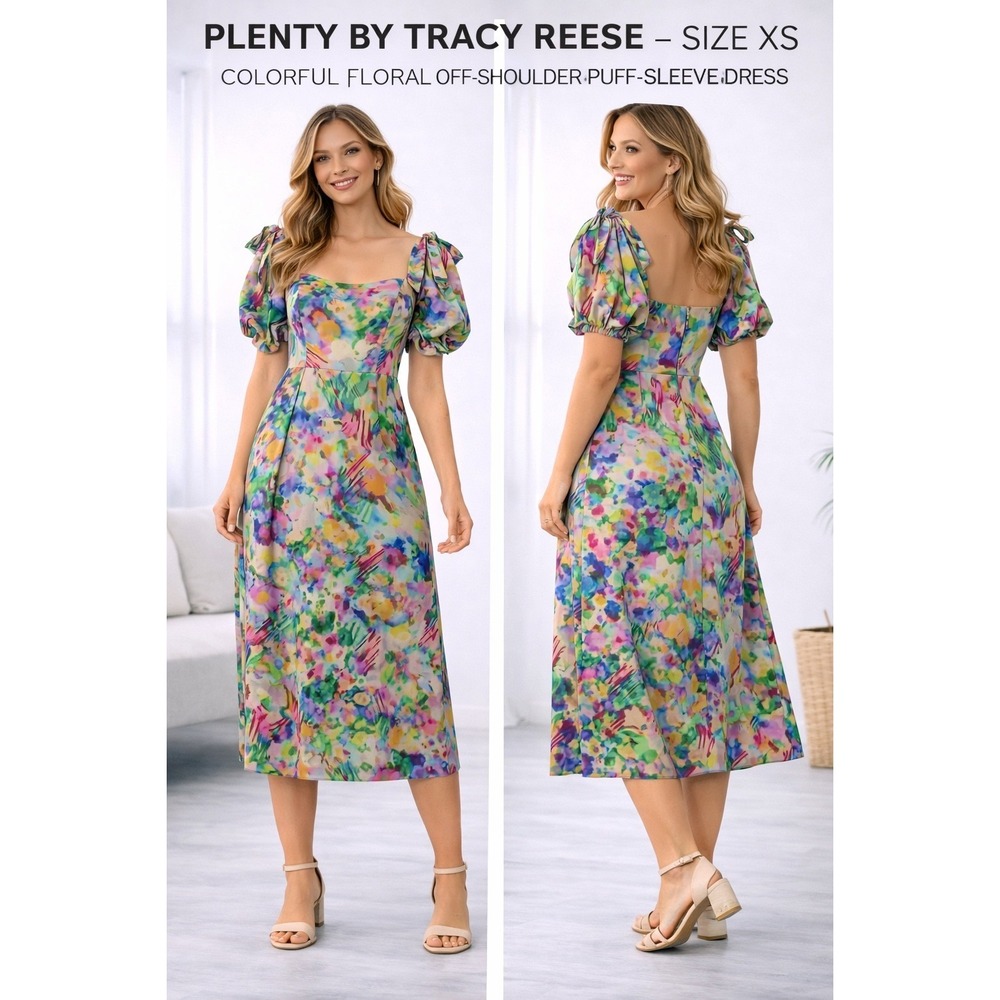 Plenty Tracy Reese Floral Puff Sleeve Midi Dress Sz‎ XS